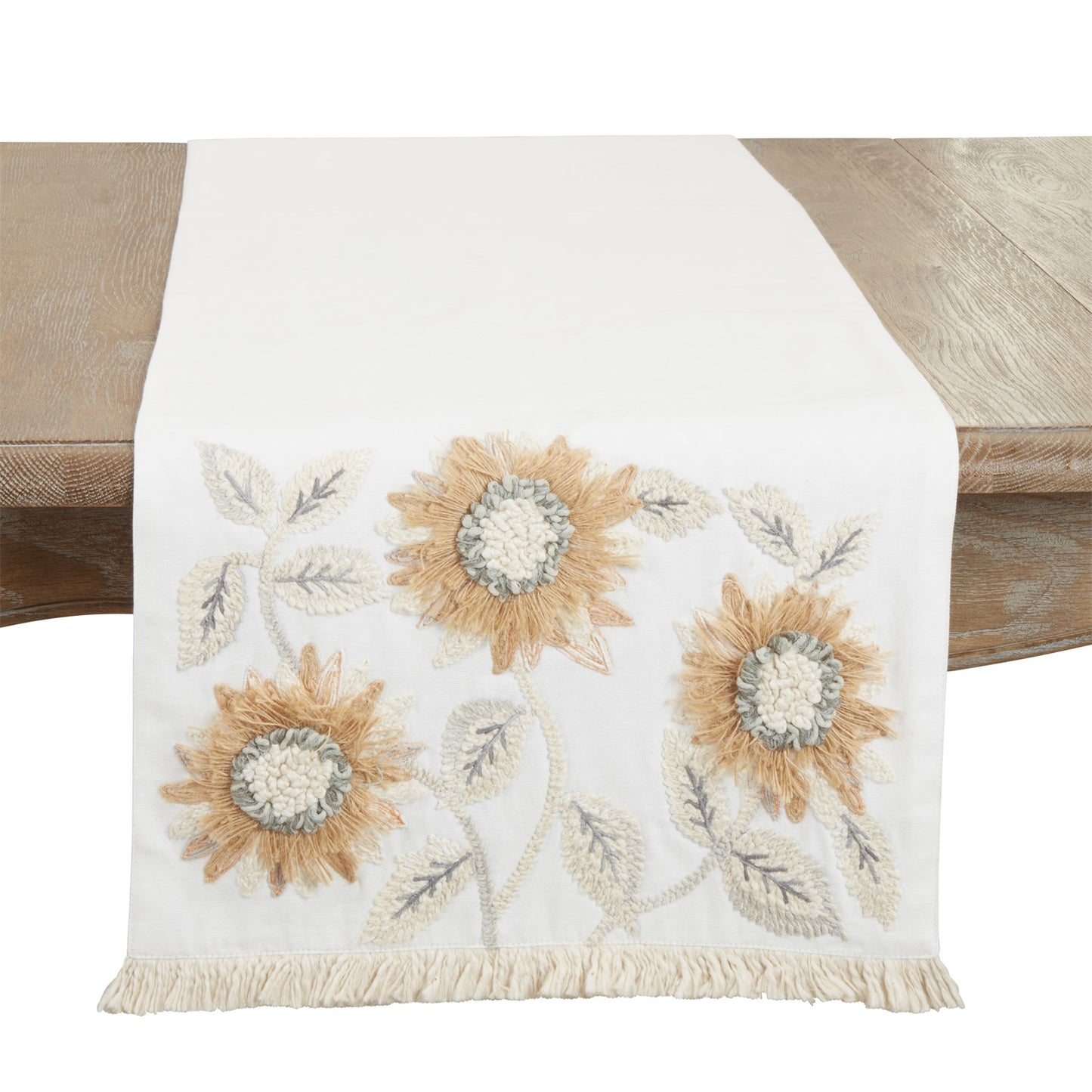 Everyday / All Season Ivory Off-White Embroidered Sunflower Table Runner, 100% cotton