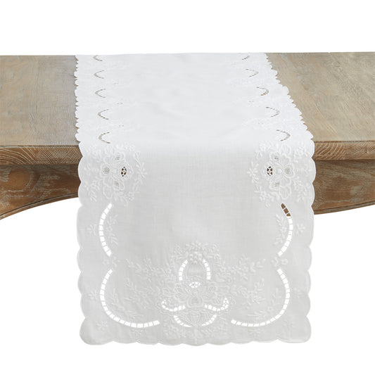 Everyday / All Season White Embroidered Floral Table Runner, 100% linen