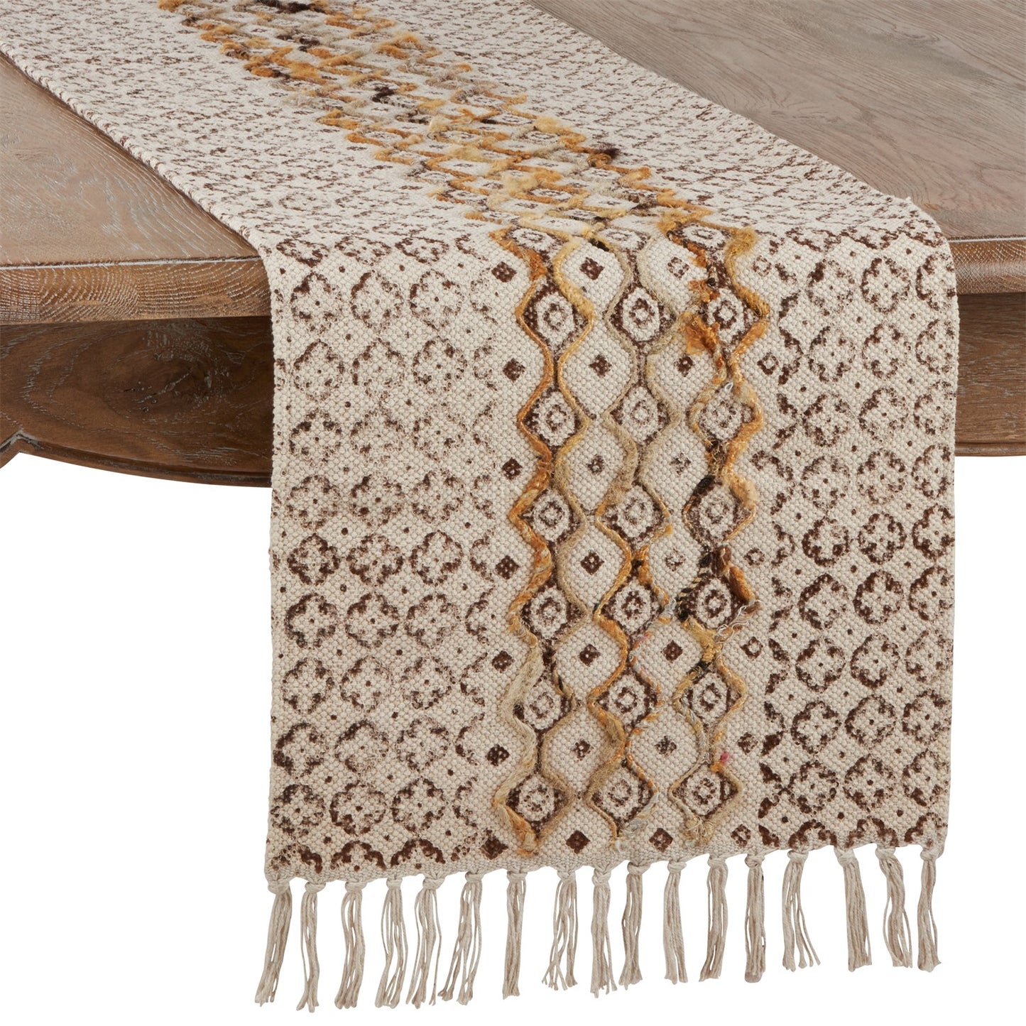 Everyday / All Season Natural Beige Embroidered Block Print Table Runner, 100% cotton