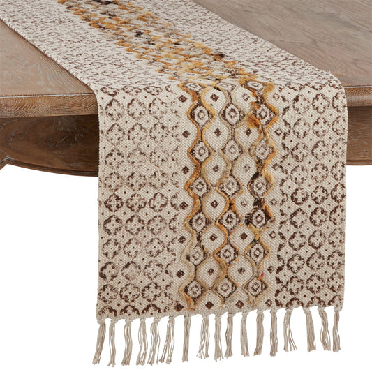Everyday / All Season Natural Beige Embroidered Block Print Table Runner, 100% cotton