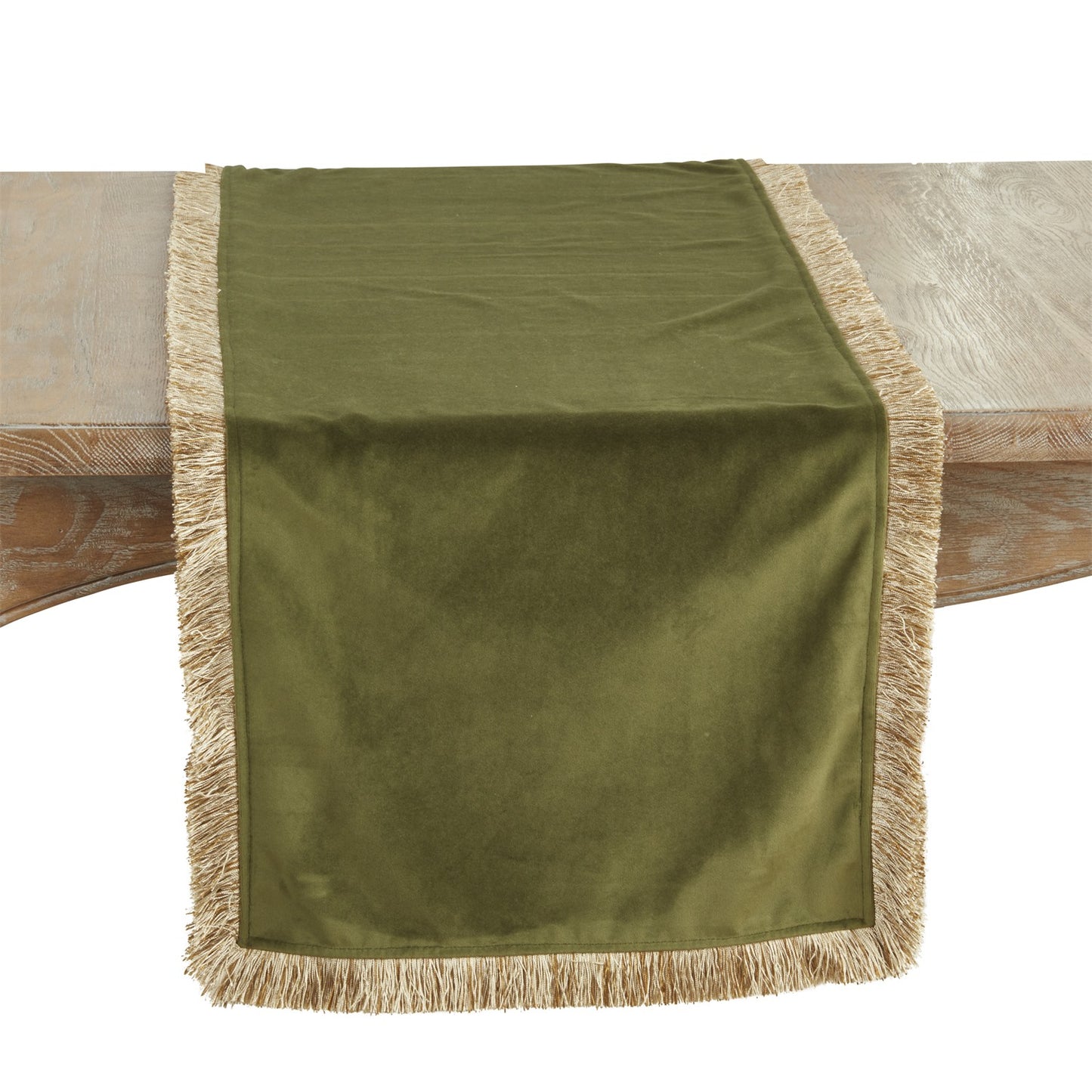 Everyday / All Season Green Velvet Fringe Table Runner, 100% Polyester