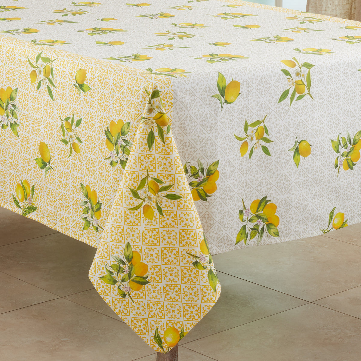 Yellow  Lemon + Block Print Tablecloth  100% cotton