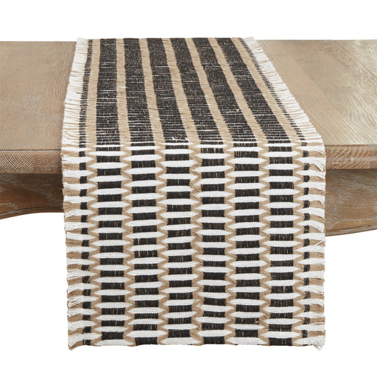 Everyday / All Season Black/Natural Woven Stitch Table Runner, 55% jute - 45% recycled cotton