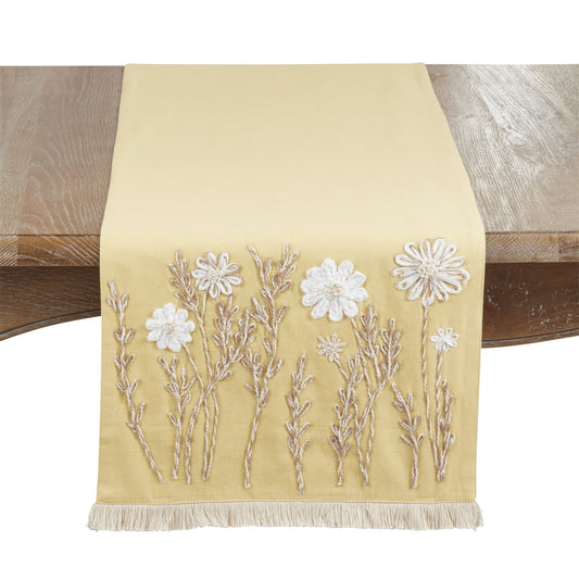 Everyday / All Season Yellow Embroidered Floral Table Runner, 100% polyester