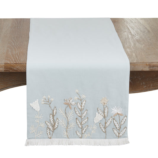 Everyday / All Season Blue Embroidered Floral Table Runner, 100% polyester