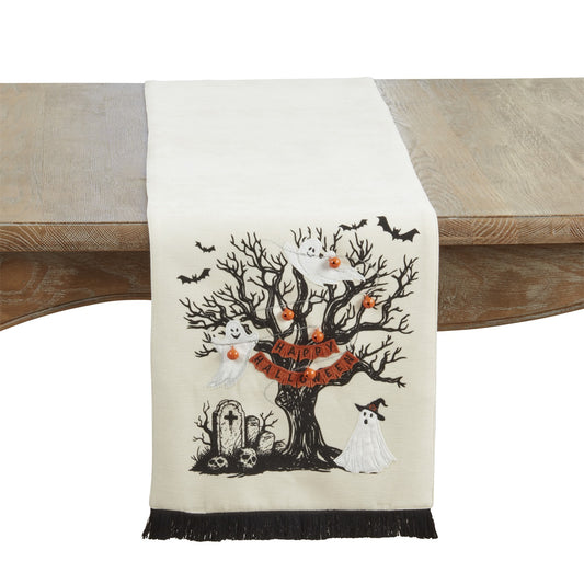 Halloween Natural Beige Happy Halloween Tree Table Runner, 100% Polyester