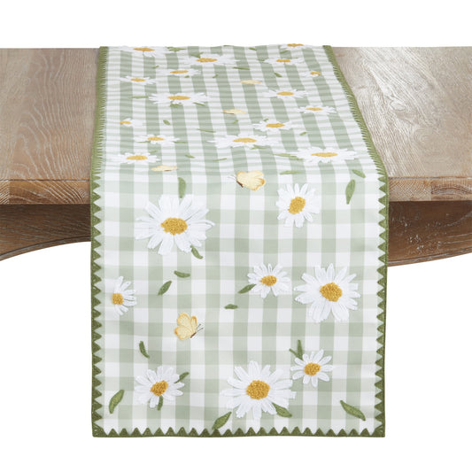 Everyday / All Season Green Whipstitch Plaid Daisy Table Runner, 100% polyester