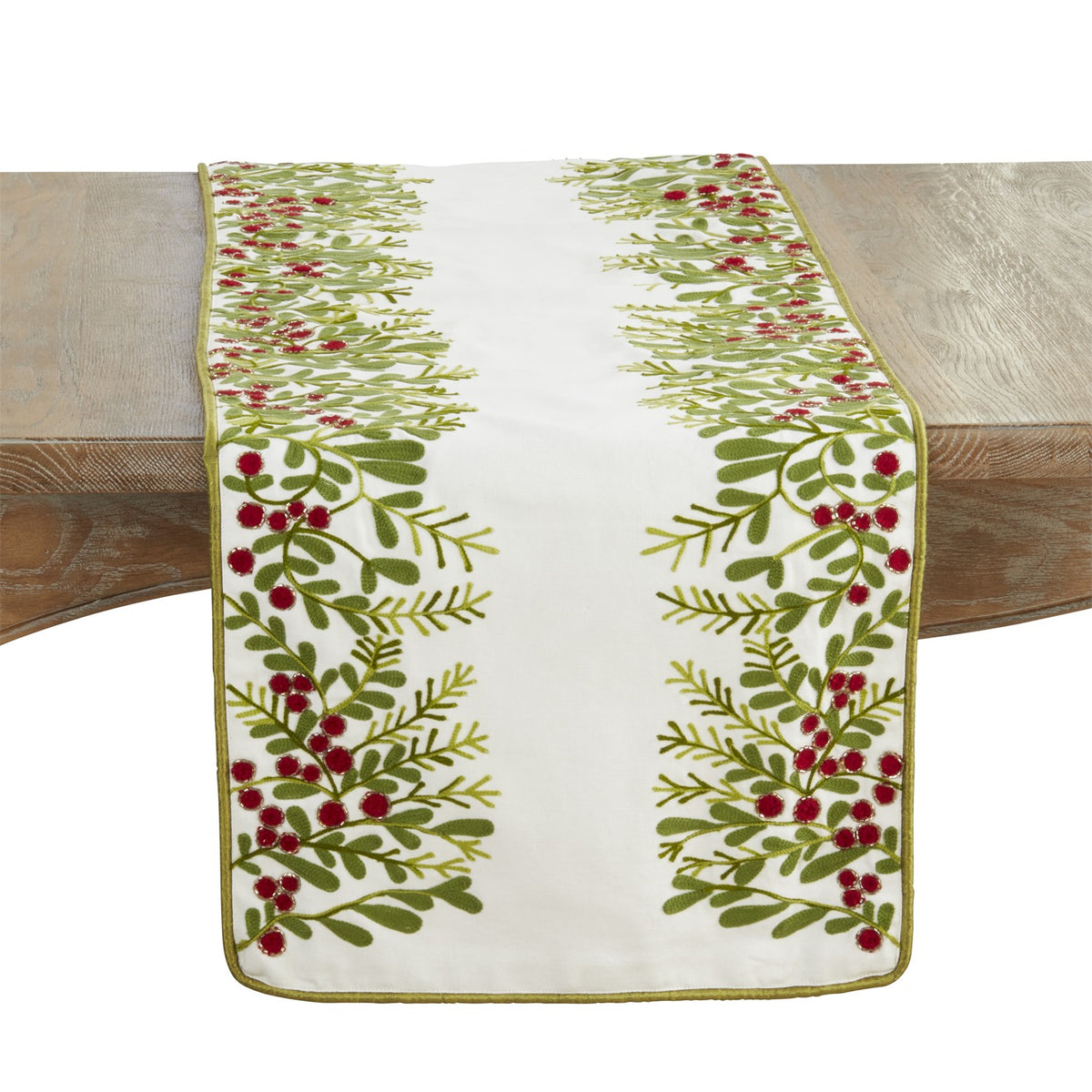 Christmas Green Red Berry Table Runner, 100% cotton