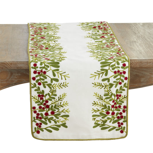 Christmas Green Red Berry Table Runner, 100% cotton