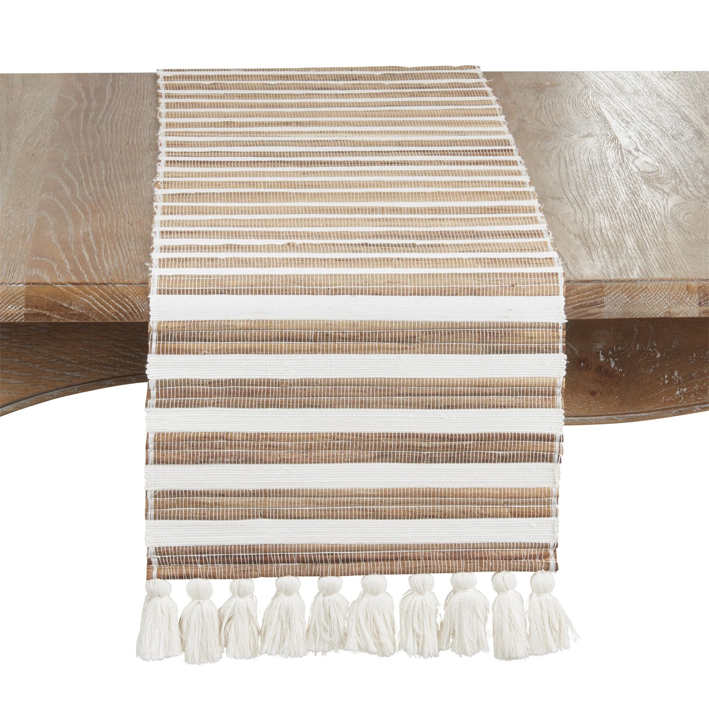Everyday / All Season Natural Beige Water Hyacinth Tassel Table Runner, 80% water hyacinth, 20% polyester