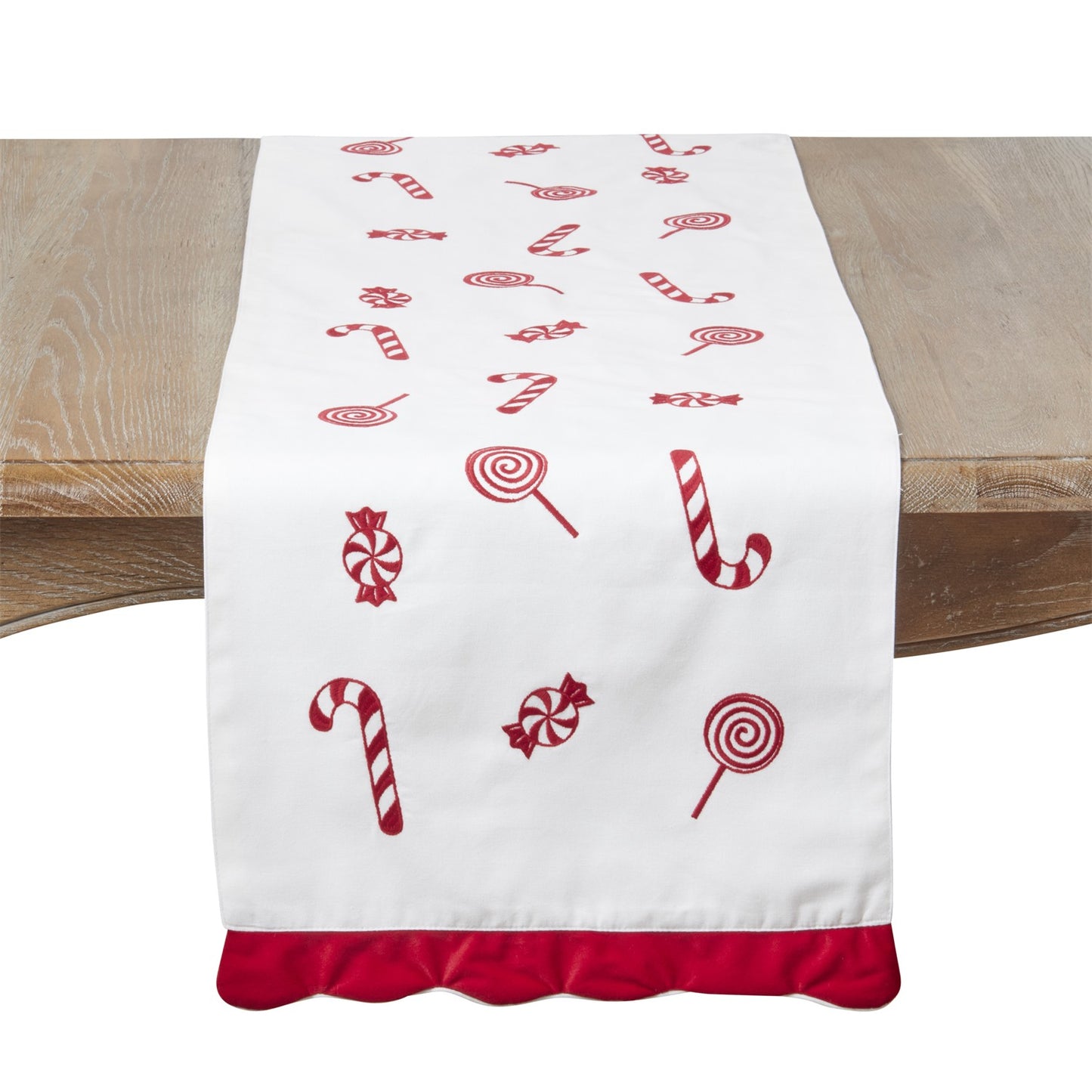 Christmas Red/White Holiday Candy Table Runner, base fabric: 100% cotton, border: 100% polyester velvet