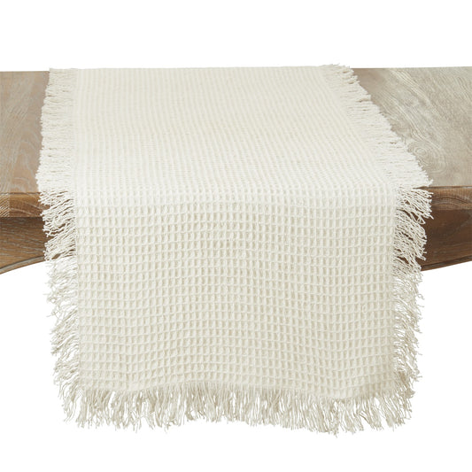 Everyday / All Season Natural Beige Waffle Weave Fringe Table Runner, 100% cotton
