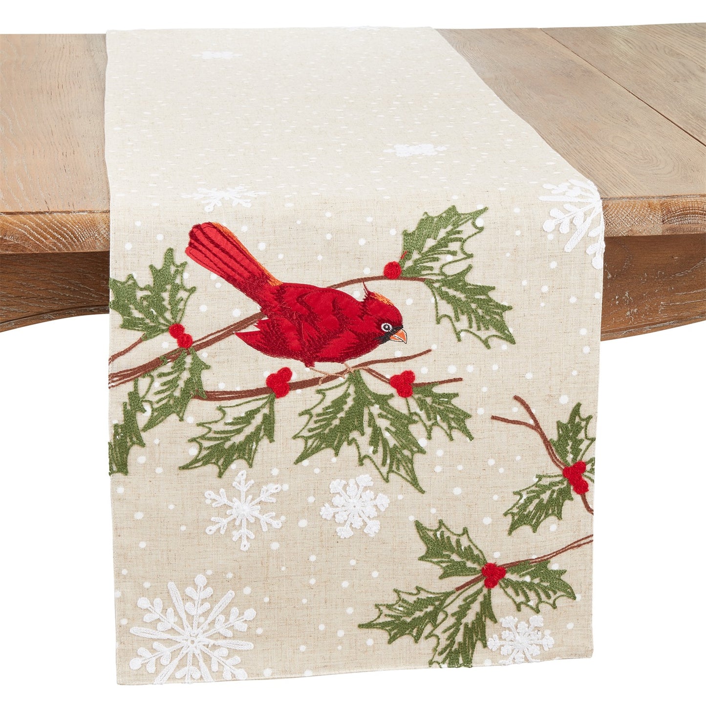 Everyday / All Season Natural Beige Perched Cardinal Table Runner, 80% polyester - 20% linen