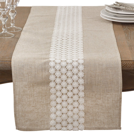Everyday / All Season Natural Beige Lace Daisy Table Runner, 80% polyester, 20% linen