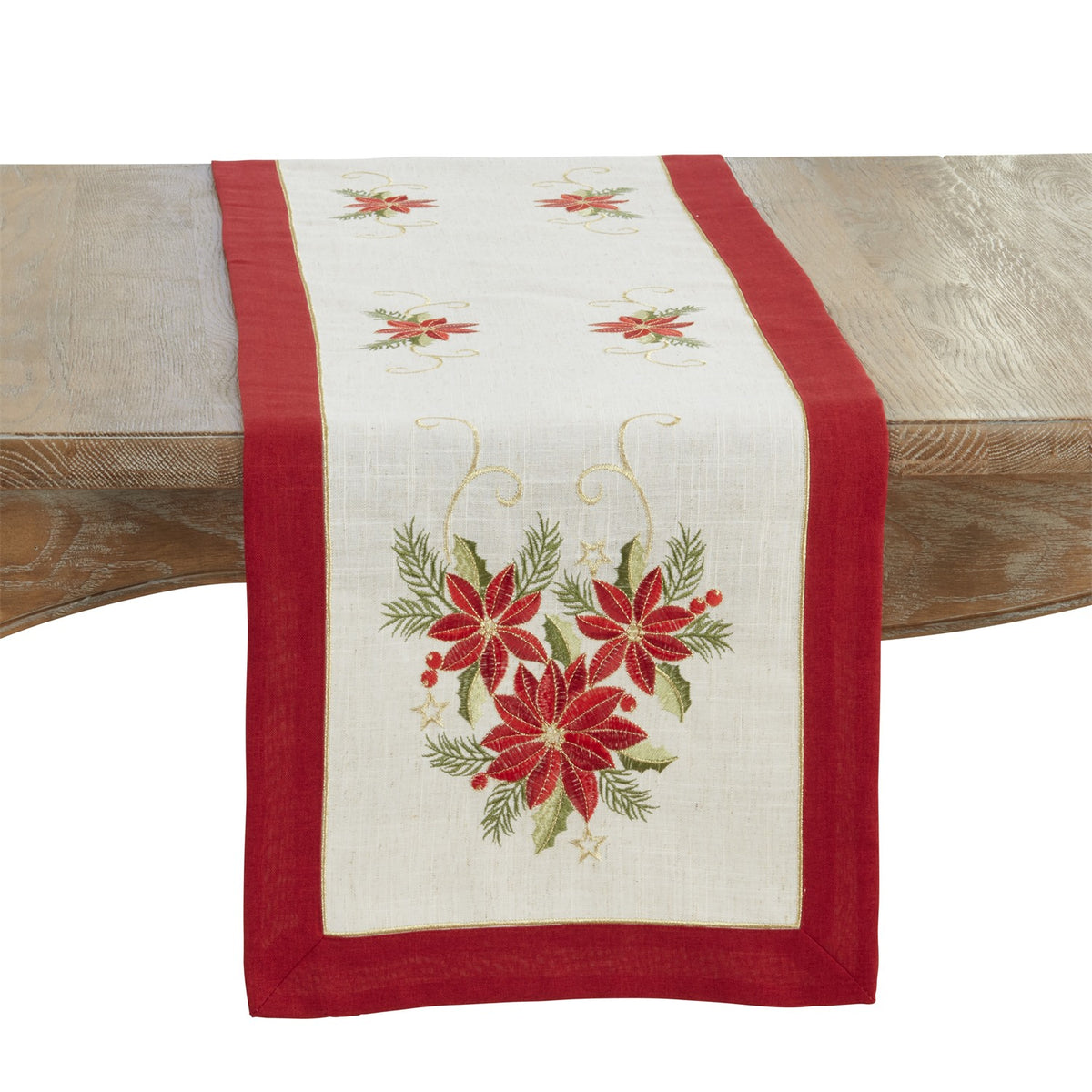 Christmas Natural Beige Embroidered Poinsettia Table Runner, 80% polyester - 20% linen