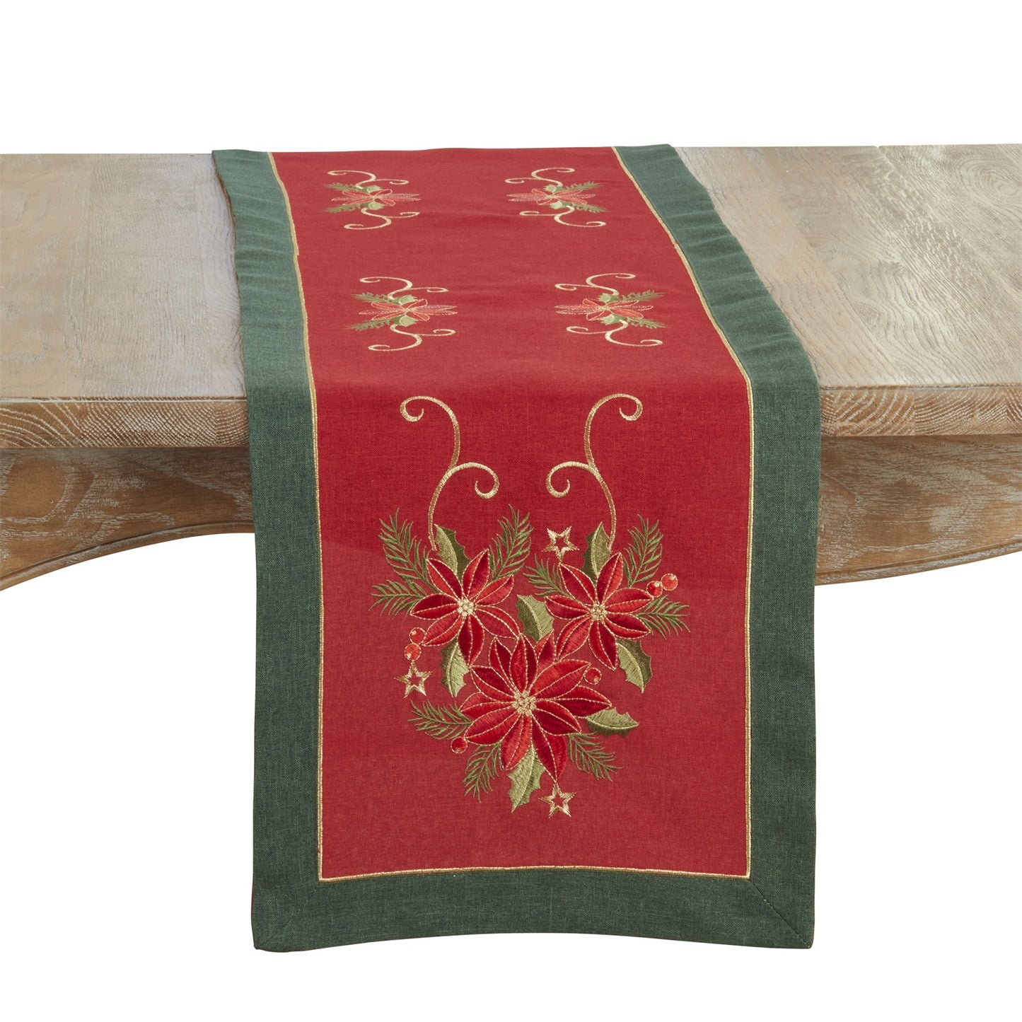 Christmas Red/Green Embroidered Poinsettia Table Runner, 100% Polyester