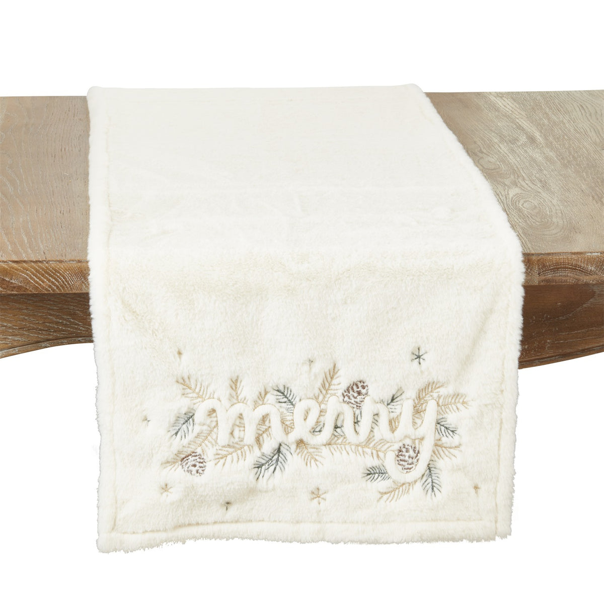 Christmas White Faux Fur Merry Table Runner, 100% Polyester