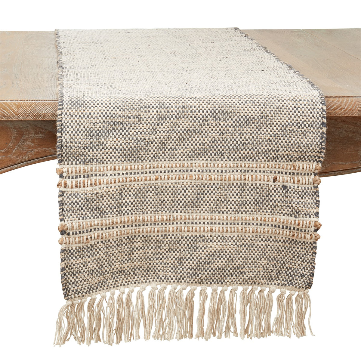 Everyday / All Season Grey Striped Tassel Table Runner, cotton - Jute
