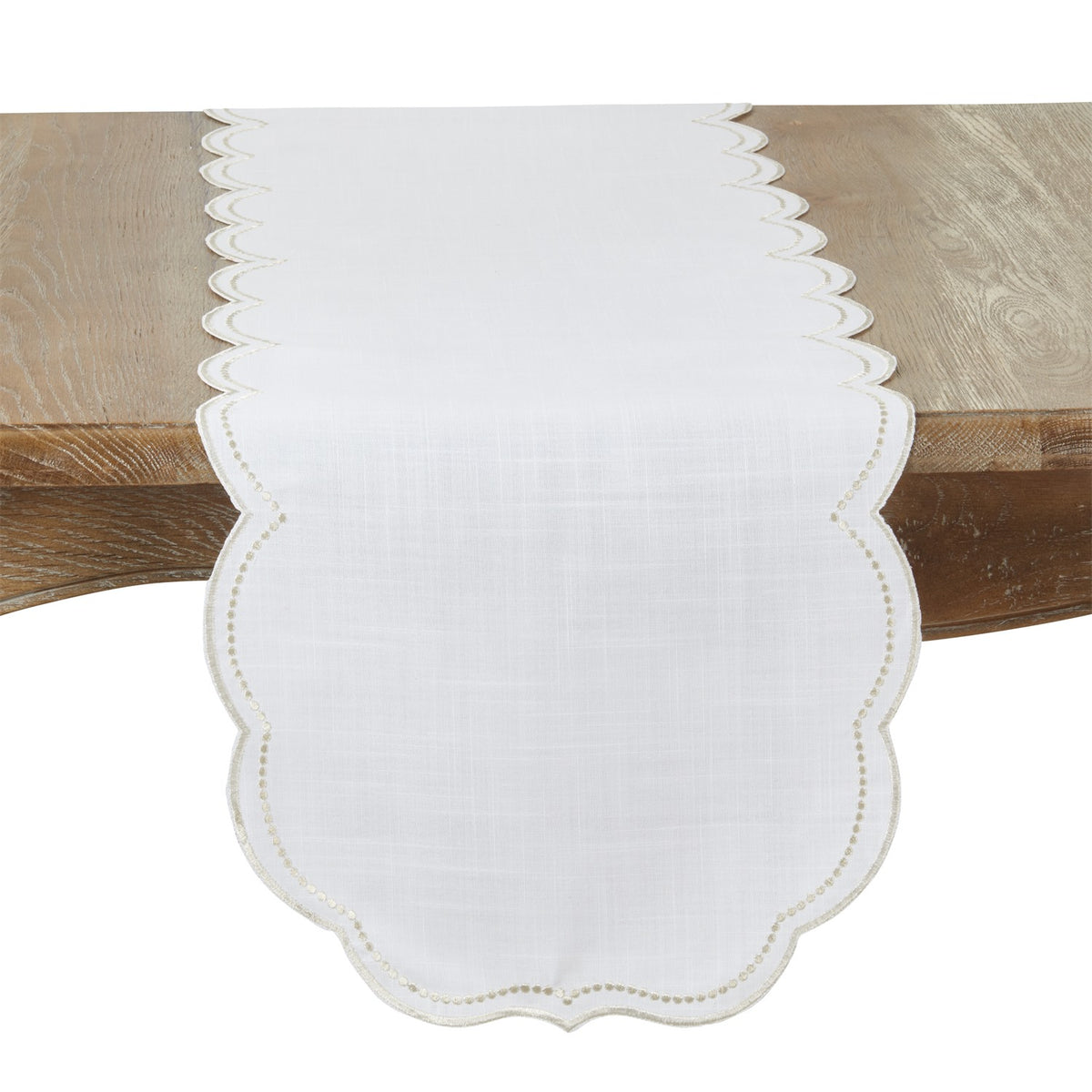 Everyday / All Season Champagne Yellow Embroidered Polka Dot Table Runner w/ Scalloped Border, 100% Polyester