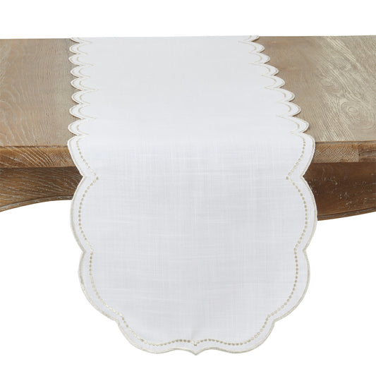 Everyday / All Season Champagne Yellow Embroidered Polka Dot Table Runner w/ Scalloped Border, 100% Polyester