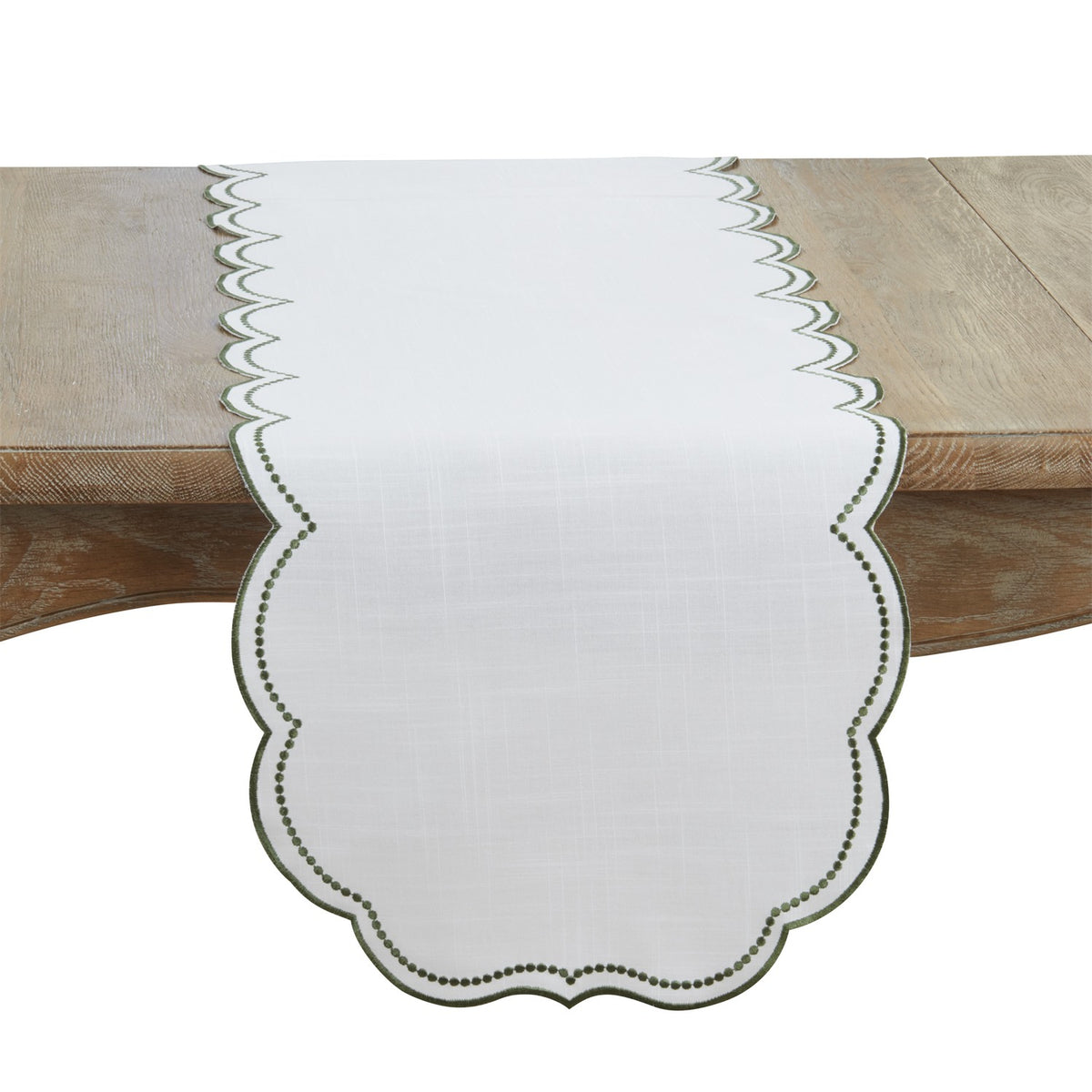 Everyday / All Season Green Embroidered Polka Dot Table Runner w/ Scalloped Border, 100% Polyester