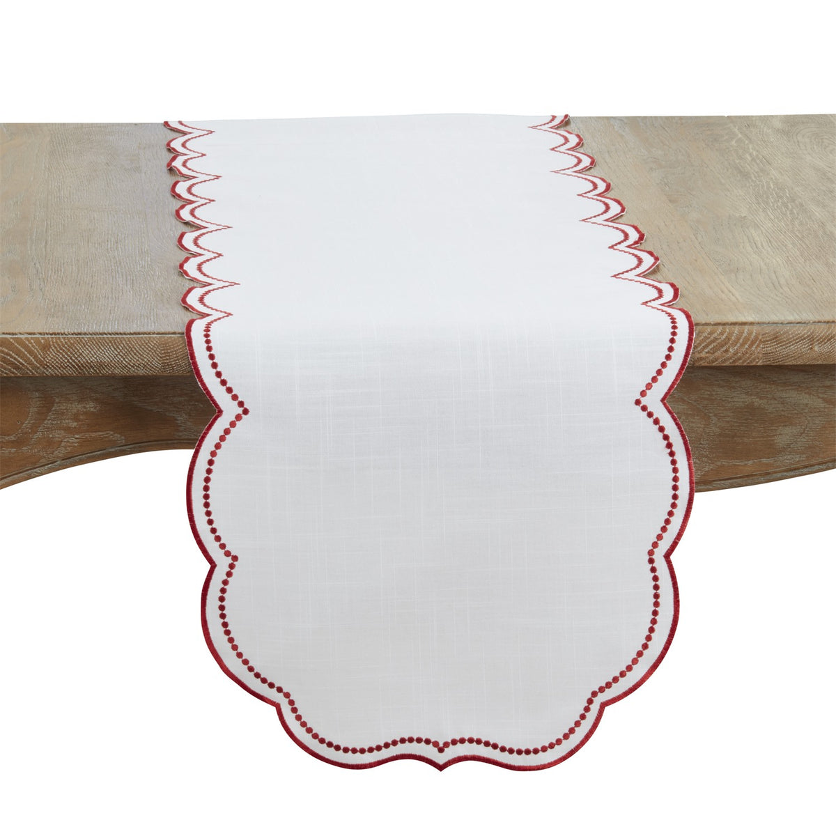 Everyday / All Season Red Embroidered Polka Dot Table Runner w/ Scalloped Border, 100% Polyester