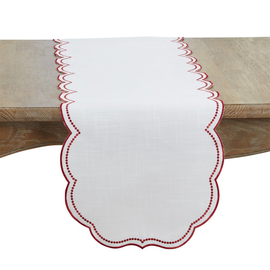 Everyday / All Season Red Embroidered Polka Dot Table Runner w/ Scalloped Border, 100% Polyester