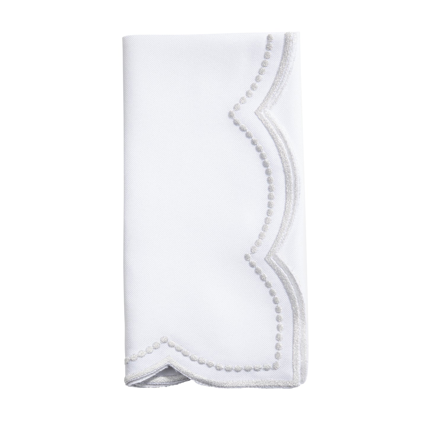 Silver Embroidered Polka Dot Napkins w/ Scalloped Border 100% polyester, 18 Inch Square (4 pcs.)