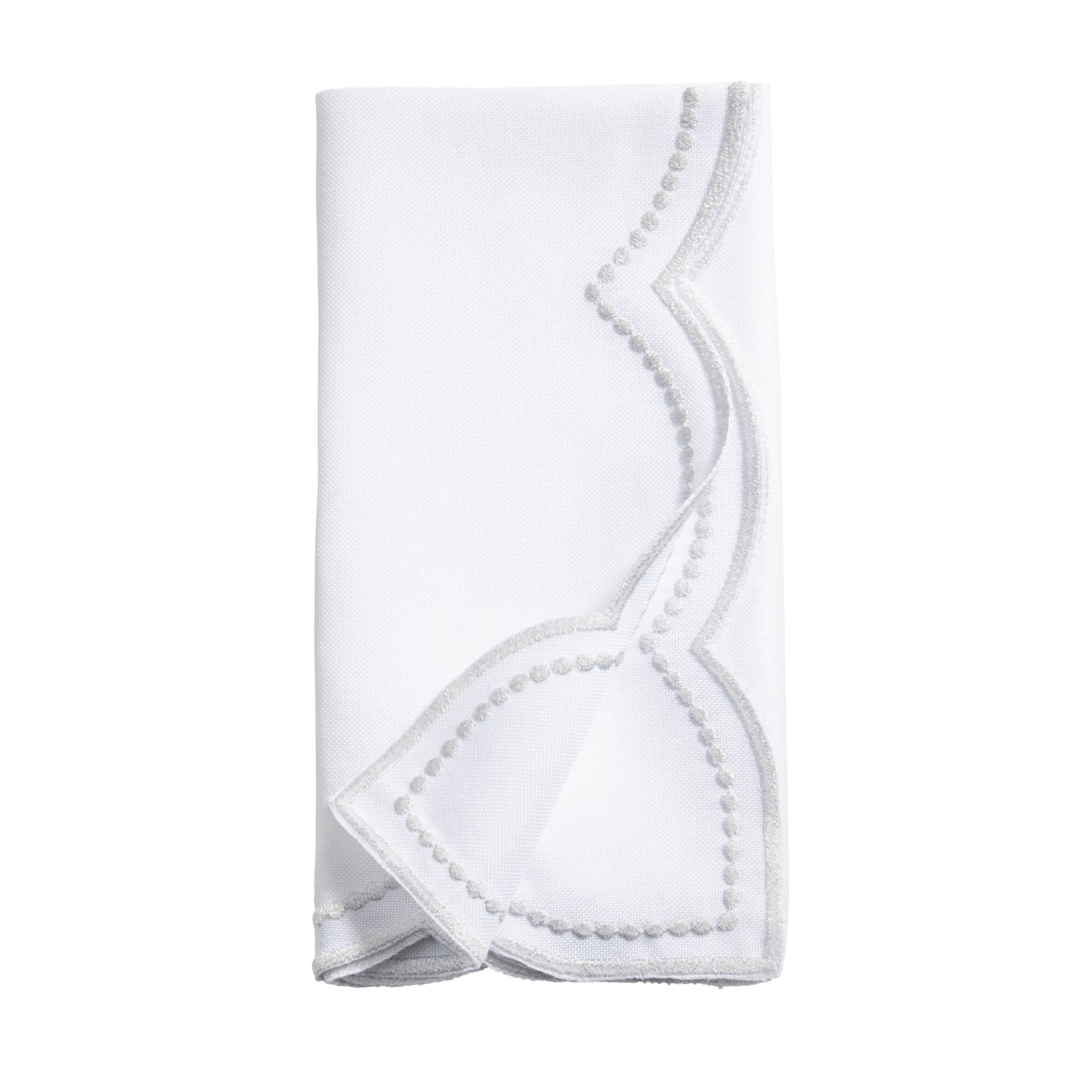 Silver Embroidered Polka Dot Napkins w/ Scalloped Border 100% polyester, 18 Inch Square (4 pcs.)
