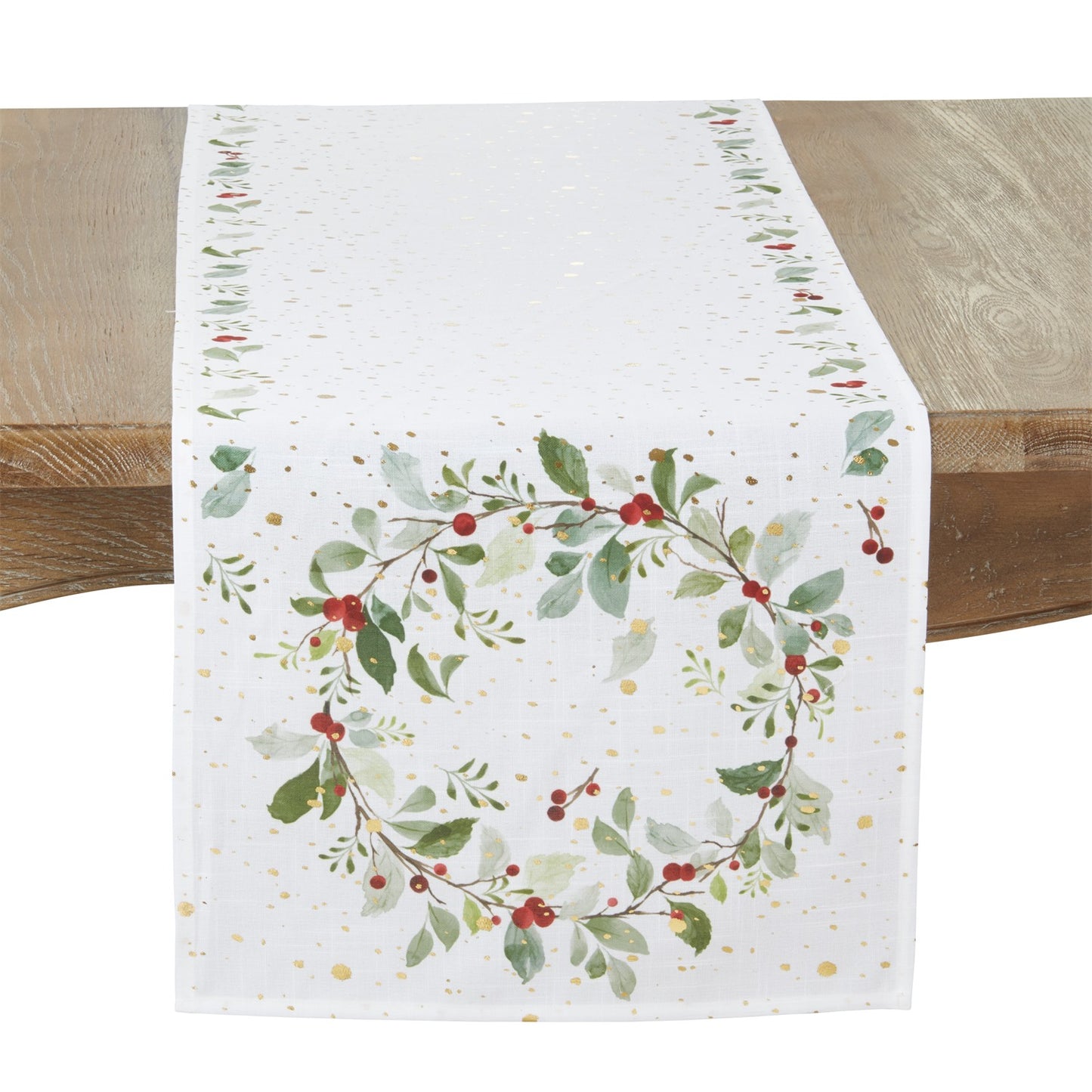 Christmas White Red Berry Wreath Table Runner, 100% Polyester