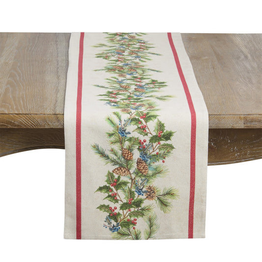 Christmas Multi Pinecone and Holly Table Runner, 95% Cotton, 3% Metallic, 2% Polyester