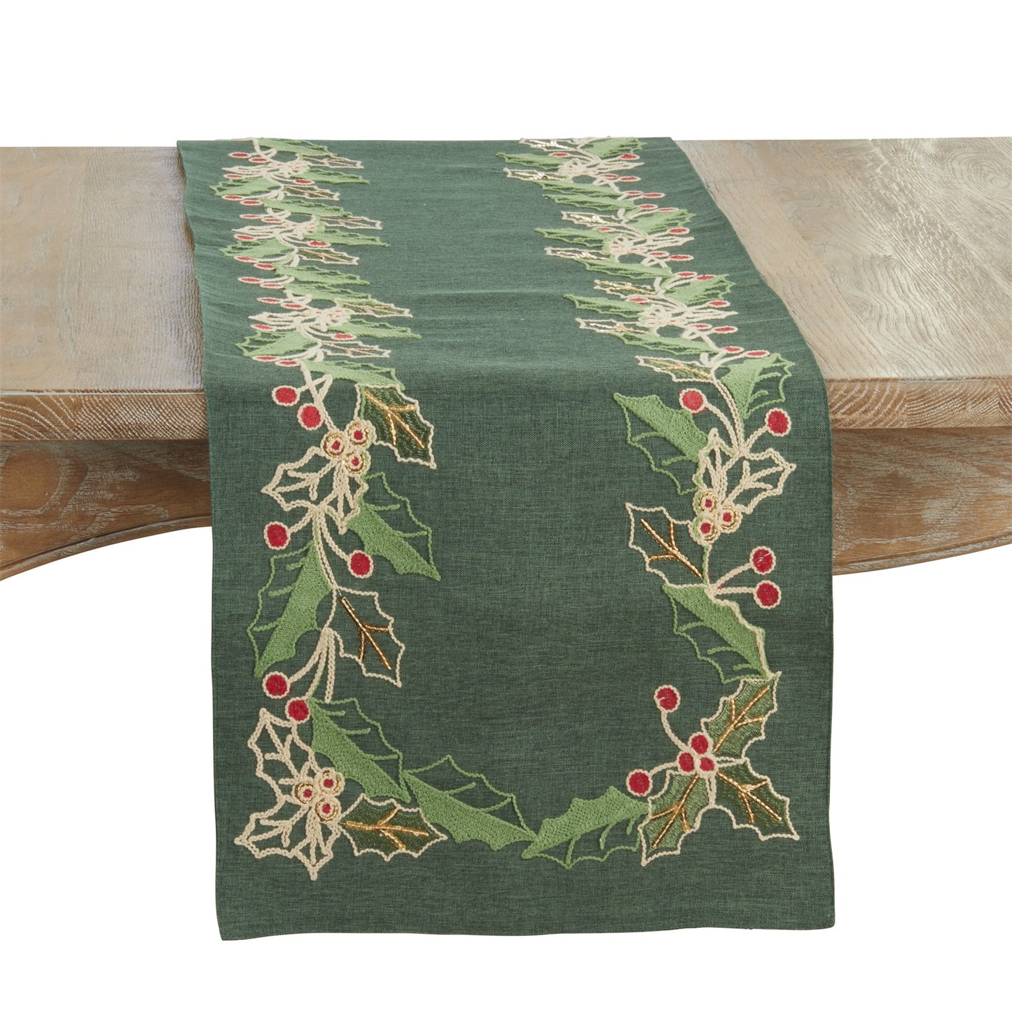 Christmas Green Holly Table Runner, 100% Polyester