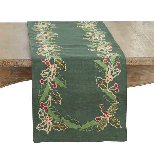 Christmas Green Holly Table Runner, 100% Polyester