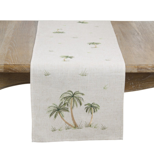 Everyday / All Season Natural Beige Palm Tree Table Runner, 85% polyester - 15% linen