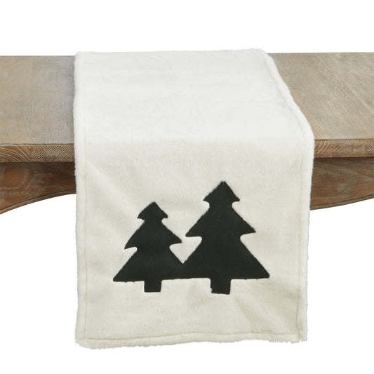 Christmas Green Faux Fur Christmas Trees Table Runner, 100% Polyester