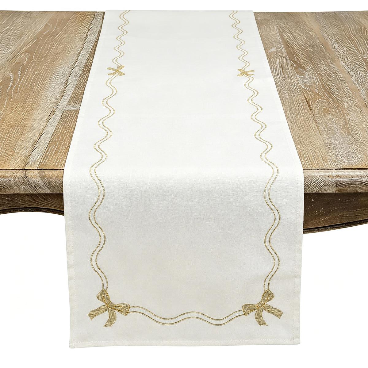 Everyday / All Season White/Gold Bow Border Table Runner, 100% polyester
