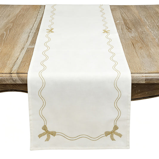 Everyday / All Season White/Gold Bow Border Table Runner, 100% polyester