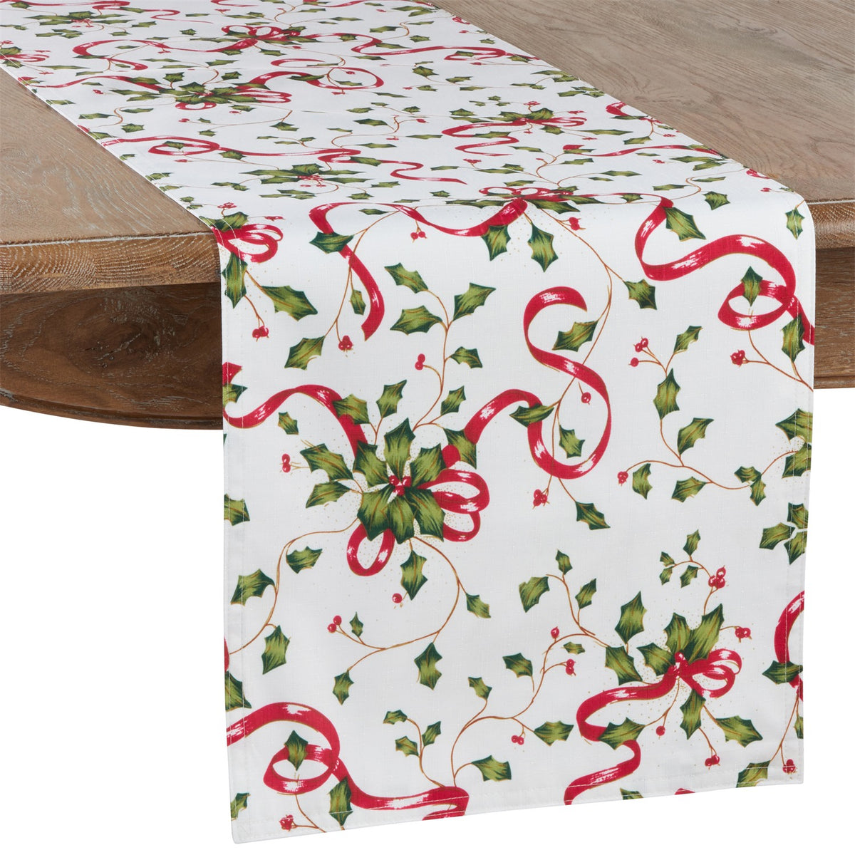 Christmas Multi Holly and Ribbon Table Runner, 100% Polyester