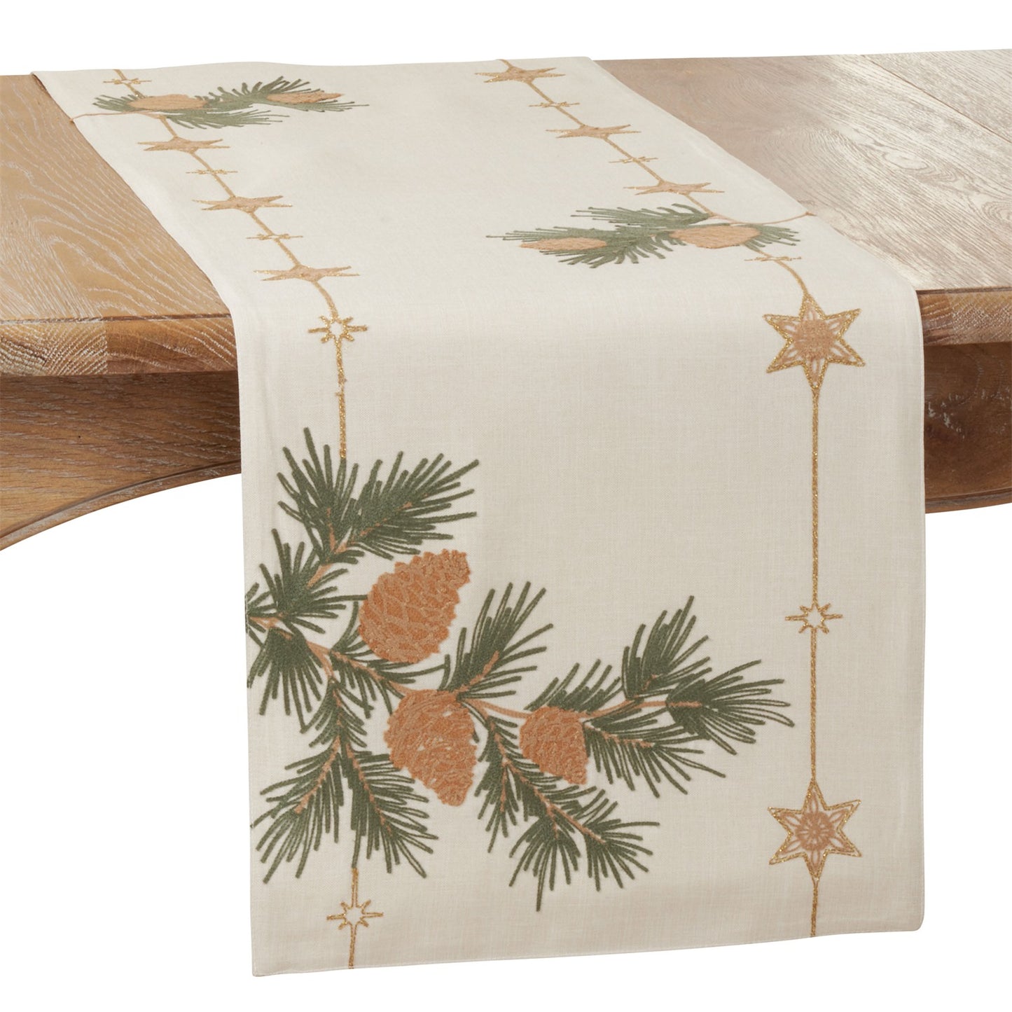 Christmas Natural Beige Embroidered Pinecone Table Runner, 100% Polyester