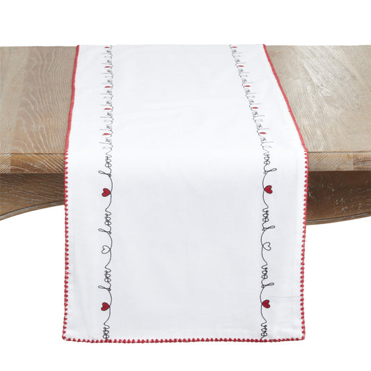 Valentine's Day White/Red Embroidered Love Table Runner, 100% cotton