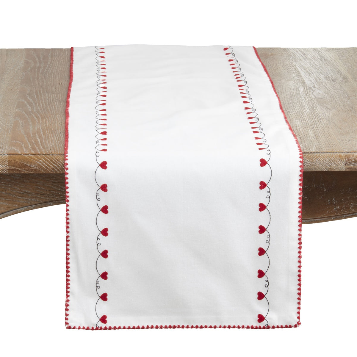 Valentine's Day White/Red Embroidered Hearts Table Runner, 100% cotton