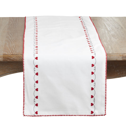 Valentine's Day White/Red Embroidered Hearts Table Runner, 100% cotton