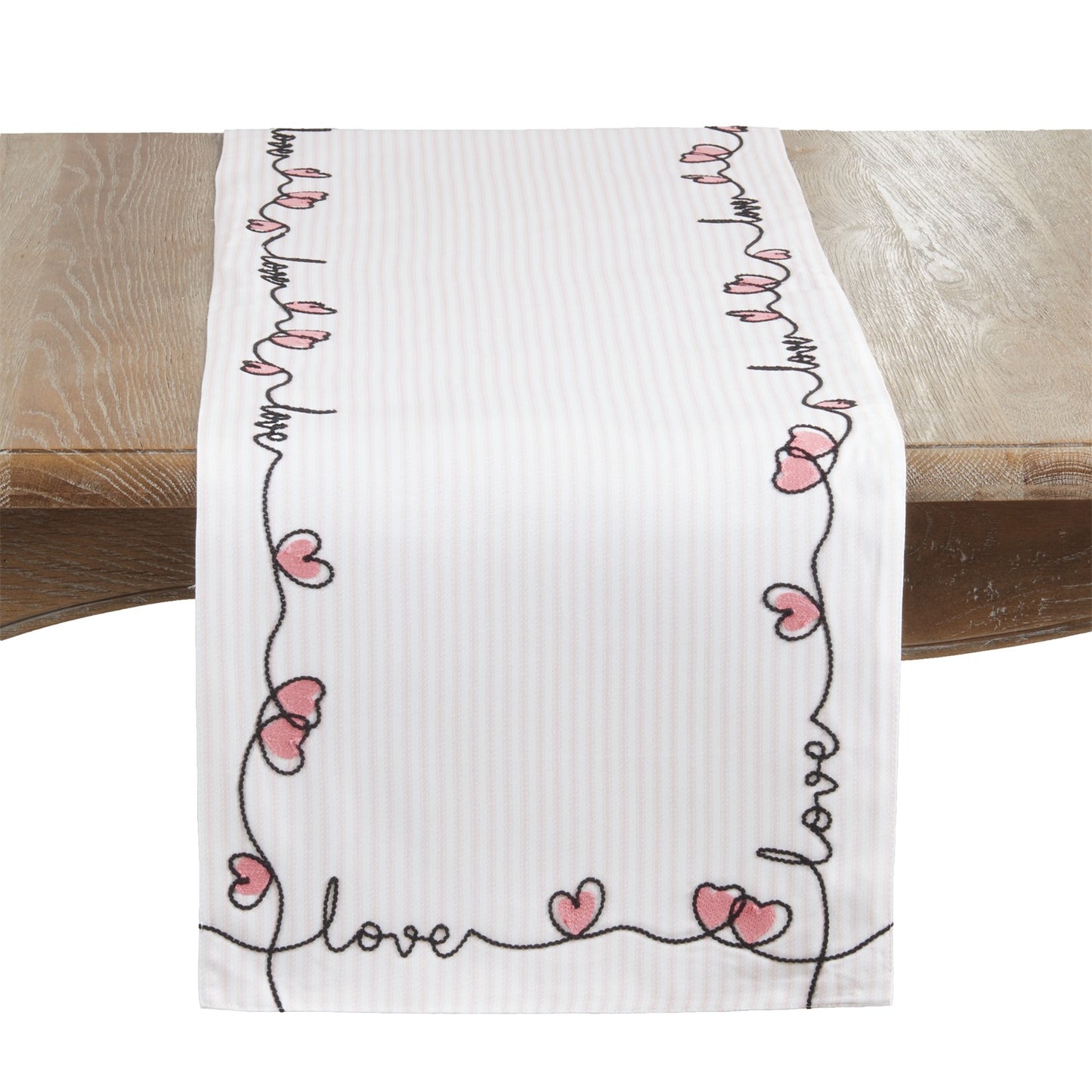 Valentine's Day Pink Striped and Embroidered Love Table Runner, 100% polyester