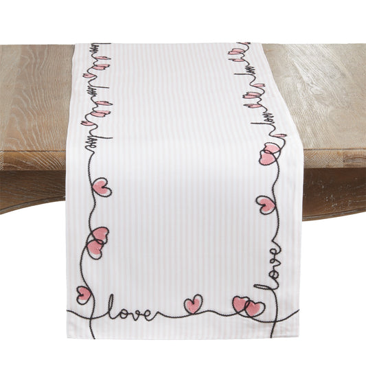 Valentine's Day Pink Striped and Embroidered Love Table Runner, 100% polyester