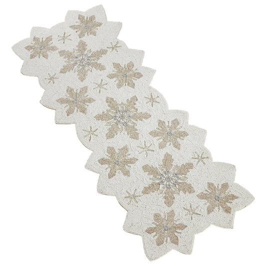 Christmas White Beaded Snowflake Table Runner, Top: glass beads, Bottom: polyester fabric