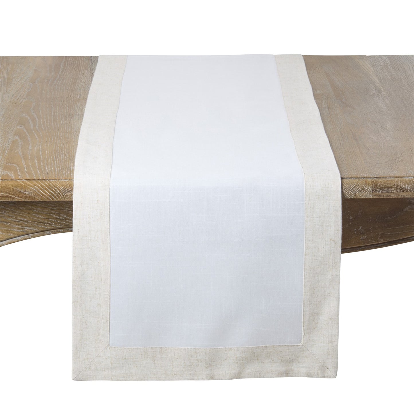 Everyday / All Season Ivory Off-White Two Tone Table Runner, linen: 100% polyester - border: 80% polyester, 20% linen