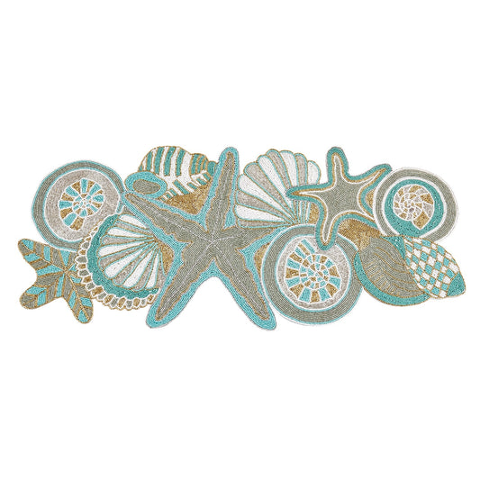 Everyday / All Season Aqua Blue Sea Shell Beaded Table Runner, acrylic beads, glass beads