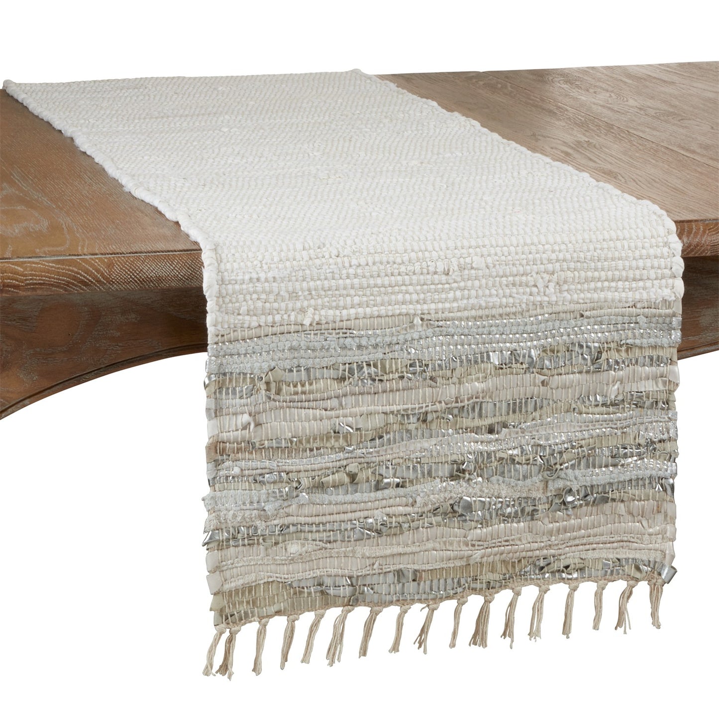 Everyday / All Season Silver Striped Leather Chindi Table Runner, 75% cotton - 25% leather