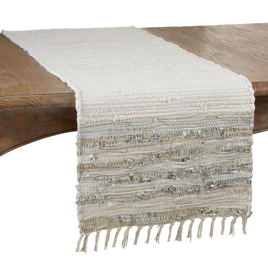 Everyday / All Season Silver Striped Leather Chindi Table Runner, 75% cotton - 25% leather