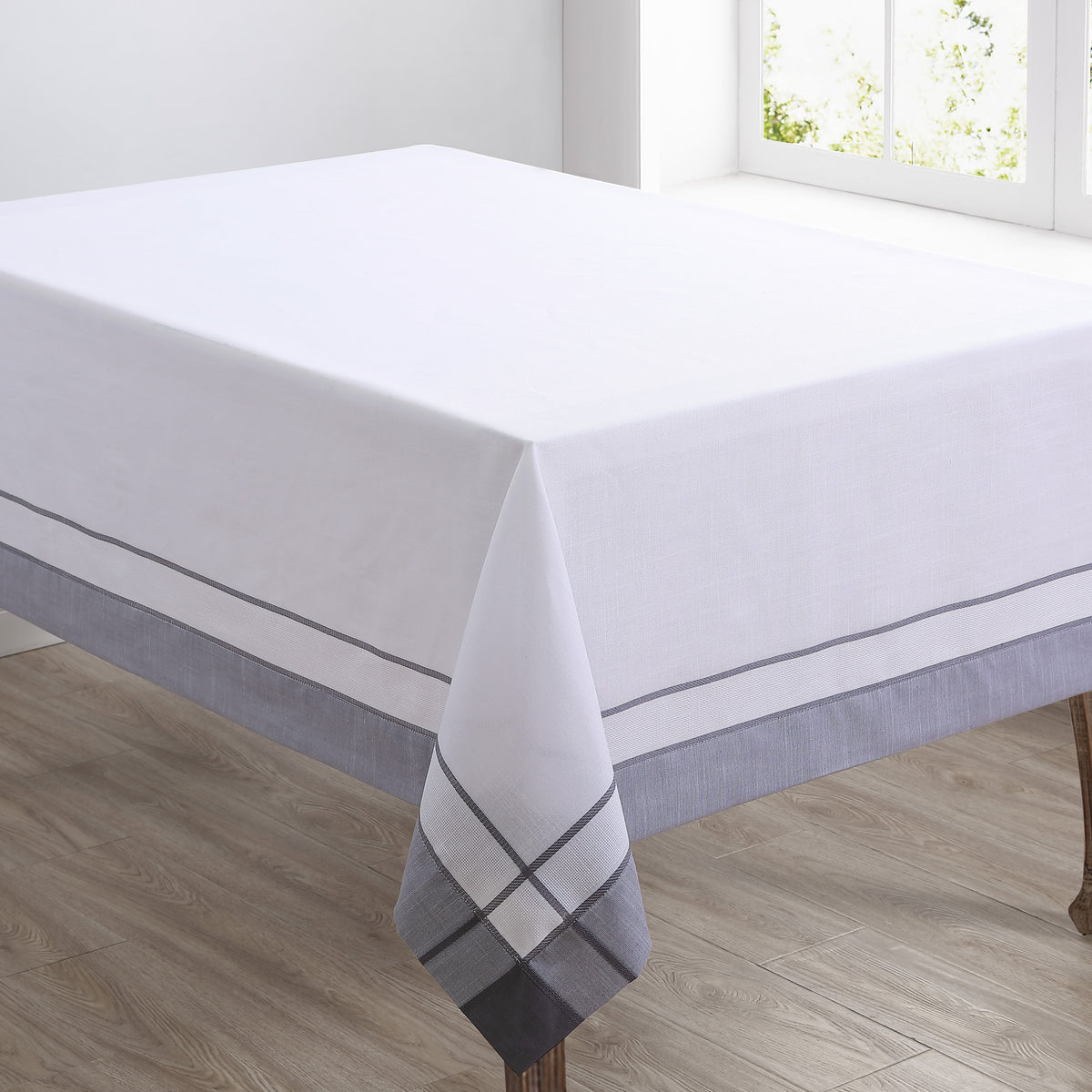 Grey  Banded Border Tablecloth  100% Polyester